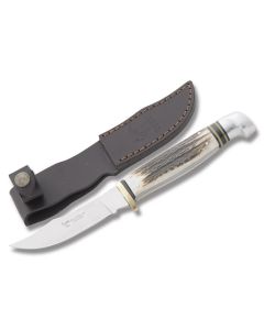 Hen and Rooster Hunting Knife with Stag Handles and Mirror Polished German Stainless Steel 3.50" Skinner Plain Edge Blade and Leather Belt Sheath Model HR-5048