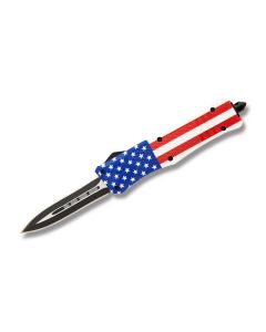 Helly Tec Medium Hellion Old Glory Automatic Knife with American Flag 3D Printed Aluminum Handle and Black Coated 440C Stainless Steel 3.25" Dagger Blade Model HTMHAFDE