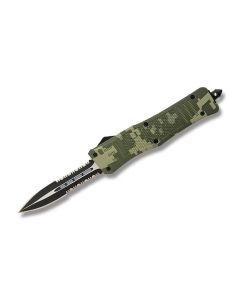 Helly Tec Medium Hellion Forest Camo Automatic Knife with Forest Camo HydroDipped 3D Printed Aluminum Handle and 440C Stainless Steel 3.25" Dagger Serrated Edge Blade Model HTMHGCDES