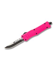 Helly Tec Small Hellion Pink Automatic Knife with Pink HydroDipped 3D Printed Aluminum Handle and Black Coated 440C Stainless Steel 3.25" Drop Point Blade Model HTSHFPDP