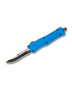 Helly Tec Small Hellion Leo Blue Automatic Knife with Blue HydroDipped 3D Printed Aluminum Handle and Black Coated 440C Stainless Steel 2.625" Drop Point Blade Model HTSHLBDP