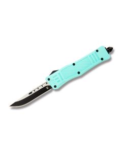 Helly Tec Small Hellion Teal Blue Automatic Knife with Teal Blue HydroDipped 3D Printed Aluminum Handle and Black Coated 440C Stainless Steel 2.625" Drop Point Blade Model HTSHTBDP