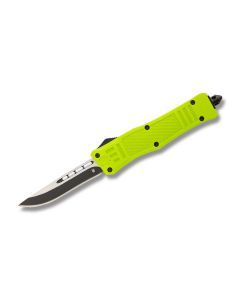 Helly Tec Small Hellion Toxic Green Automatic Knife with Toxic Green HydroDipped 3D Printed Aluminum Handle and 440C Stainless Steel 2.625" Drop Point Blade Model HTSHZGDP