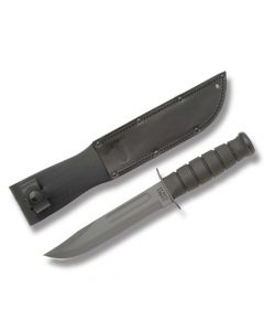 KA-BAR Black Fighting Knife with Black Kraton Handle and Black Epoxy Coated 1095 Cro-Van Carbon Steel 7" Clip Point Plain Edge Blade with Black Leather Sheath Model 1211