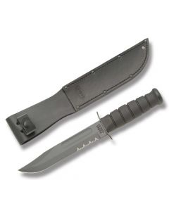 KA-BAR Black Fighting Knife with Black Kraton Handle and Black Epoxy Coated 1095 Cro-Van Carbon Steel 7" Clip Point Partially Serrated Edge Blade with Black Leather Sheath Model 1212