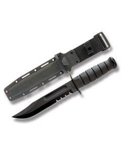 KA-BAR Black Fighting Knife with Black Kraton Handle and Black Powder Coated 1095 Cro-Van Carbon Steel 7" Clip Point Partially Serrated Edge Blade with Black Kydex Sheah Model 1214