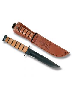 KA-BAR U.S. Army Fighting Knife with Stacked Leather Handle and Black Epoxy Powder Coated 1095 Carbon Steel 7" Clip Point Partially Serrated Edge Blade with Tan Leather Sheath Model 1219