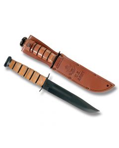 KA-BAR U.S. Army Fighting Knife with with Stacked Leather Handle and Black Epoxy Powder Coated 1095 Carbon Steel 7" Clip Point Plain Edge Blade with Tan Leather Sheath Model 1220