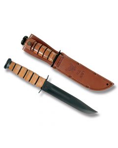 KA-BAR U.S. Navy Fighting Knife with Stacked Leather Handle and Black Epoxy Coated 1095 Carbon Steel 7" Clip Point Plain Edge Blade with Tan Leather Sheath Model 1225