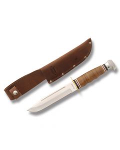 KA-BAR Marine Hunter with Polished Stacked Leather Handle and Satin Coated DIN 1.4116 Stainless Steel 5.875" Clip Point Plain Edge Blade with Brown Leather Sheath Model 1235