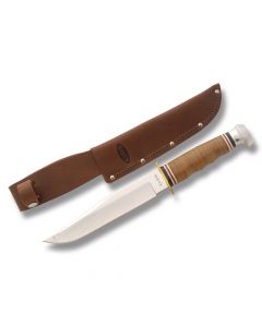 KA-BAR Bowie with Polished Stacked Leather Handle and Satin Coated DIN 1.4116 Stainless Steel 6.938" Bowie Plain Edge Blade Model 1236