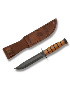 KA-BAR U.S.M.C. Short Fighting Knife with Stacked Leather Handle and Black Epoxy Powder Coated 1095 Carbon Steel 5.25" Clip Point Plain Edge Blade with Tan Leather Sheath Model 1250