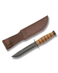 KA-BAR U.S.A. Short Fighting Knife with Stacked Leather Handle and Black Epoxy Powder Coated 1095 Carbon Steel 5.25" Clip Point Plain Edge Blade with Tan Leather Sheath Model 1251