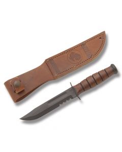 KA-BAR U.S.M.C. Short Fighting Knife with Stacked Leather Handle and Black Epoxy Powder Coated 1095 Carbon Steel 5.25" Clip Point Partially Serrated Edge Blade with Tan Leather Sheath Model 1252