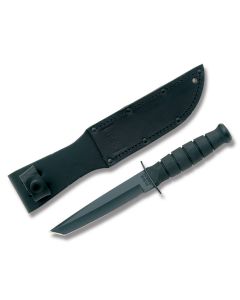 KA-BAR Black Short Tanto Fighting Knife with Black Kraton Handle and Black Epoxy Coated 1095 Carbon Steel 5.25" Tanto Tip Plain Edge Blade and Black Leather Sheath Model 1254