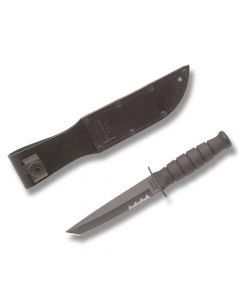 KA-BAR Black Short Tanto Fighting Knife with Black Kraton Handle and Black Epoxy Coated 1095 Carbon Steel 5.25" Tanto Tip Partially Serrated Edgte Blade and Black Leather Sheath Model 1255