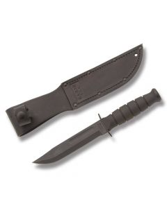 KA-BAR Knives Short Black KA-BAR with Black Kraton Handle and Black Epoxy Coated 1095 Carbon Steel 5.25" Clip Point Plain Edge Blade with Black Leather Sheath Model 1256