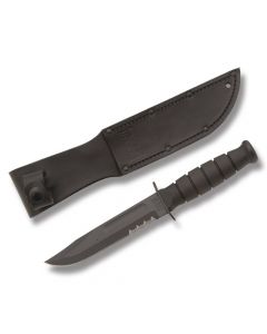 KA-BAR Knives Short Black KA-BAR with Black Kraton Handle and Black Epoxy Coated 1095 Carbon Steel 5.25" Clip Point Partially Serrated Edge Blade with Black Leather Sheath Model 1257