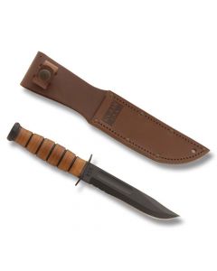 KA-BAR U.S.A. Short Fighting Knife with Stacked Leather Handle and Black Epoxy Powder Coated 1095 Carbon Steel 5.25" Clip Point Partially Serrated Edge Blade with Tan Leather Sheath Model 1261