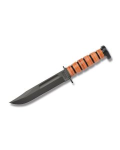 KA-BAR Dog's Head Fighting Knife with Polished Stacked Leather Handle and Black Coated 1095 Carbon Steel 7" Clip Point Plain Edge Blade with Tan Leather Sheath Model 1317