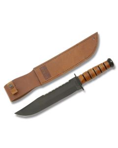 KA-BAR Big Brother Bowie with Stacked Leather Handle and Black Epoxy Coated 1095 Carbon Steel 9.375" Bowie Partially Serrated Edge Blade with Tan Leather Sheath Model 2217