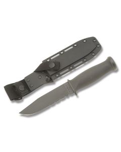 KA-BAR Mark I Navy Fighting Knife with Kraton Handle and Black Coated 1095 Carbon Steel 5.125" Clip Point Partially Serrated Edge Blade with Black Hard Plastic Sheath Model 2222