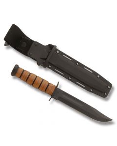 KA-BAR U.S.M.C. Fighting Knife with Polished Stacked Leather Handle and Black Epoxy Powder Coated 1095 Carbon Steel 7" Clip Point Plain Edge Blade with Black Kydex Sheath Model 5017