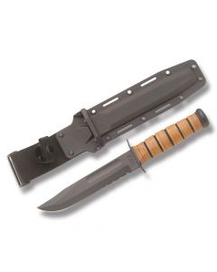 KA-BAR U.S.M.C. Fighting Knife with Polished Stacked Leather Handle and Black Epoxy Powder Coated 1095 Carbon Steel 7" Clip Point Partially Serrated Edge Blade and Black Kydex Sheath Model 5018