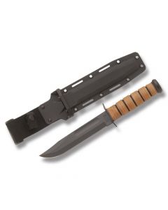 KA-BAR U.S. Army Fighting Knife with Stacked Leather Handle and Black Epoxy Powder Coated 1095 Carbon Steel 7" Clip Point Plain Edge Blade with Black Kydex Sheath Model 5020