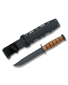 KA-BAR U.S. Navy Fighting Knife with Stacked Leather Handle and Black Epoxy Powder Coated 1095 Carbon Steel 7" Clip Point Plain Edge Blade and Black Kydex Sheath Model 5025