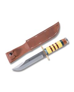 Ka-Bar Knives Vietnam Service Ribbon Fighting Knife with Stacked Leather and Delrin Handles with Stonewash Coated 1095 Cro-Van Steel 7" Clip Point Plain Edge Blade with Genuine Leather Sheath Model 6406