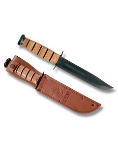 KA-BAR U.S.M.C. Fighting Knife with Polished Stacked Leather Handle and Black Epoxy Powder Coated 1095 Carbon Steel 7" Clip Point Plain Edge Blade  and Brown Leather Sheath Model 1217