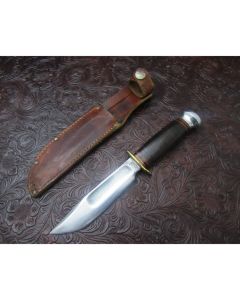 Vintage Marbles M.S.A CO. Ideal knife 5.812 inch blade with leather stacked handle with aluminum butt cap carbon steel plain blade edge