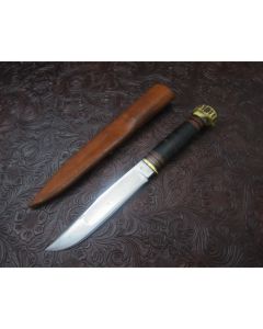 Vintage Marbles M.S.A. CO. Ideal knife 5 inch blade with leather stacked handle with stag butt cap carbon steel plain blade edge