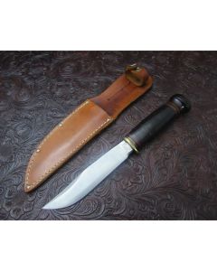 Vintage Marbles Gladstone Mich. Expert knife 5 inch blade with leather stacked handles carbon steel plain blade edge