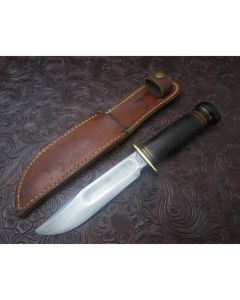 Marbles 1930 LL Bean contract Ideal knife 4.938 inch blade with leather stacked handle carbon steel plain blade edge
