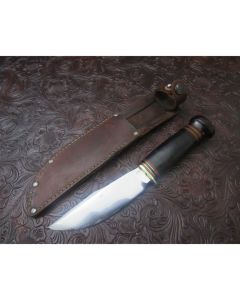 Marbles Gladstone Mich. Vintage woodcraft knife 4.313 inch blade with stacked leather handles carbon steel plain blade edge