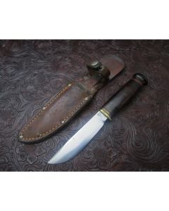 Vintage Marbles Gladstone Mich. Expert knife 4 inch blade with leather stacked handles carbon steel plain blade edge