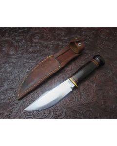 Vintage Marbles Gladstone Mich. Woodcraft knife 4.439 inch blade with leather stacked handles carbon steel plain blade edge