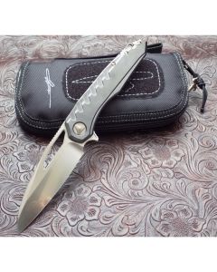 Marfione Munroe Custom Sigil MK6 with Black DLC stonewash M-390 Steel Damascus Steel Over Travel Plate Bronze Hardware with a Hand Flamed Pocket Clip and Backspacer