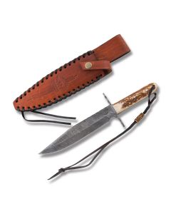 Old Forge Hunter with Stag Handles and Damascus Steel 7.625" Clip Point Plain Edge Blades