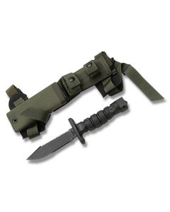 Ontario ASEK Survival Knife System with Black Kraton Handle and Black Zinc Phosphate Coated 1095 Carbon Steel 4.938" Clip Point Plain Edge Blade with Green Kydex Sheath Model 1400