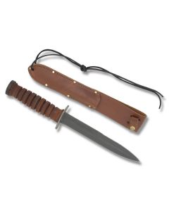 Ontario Mark III Trench Knife with Stacked Leather Handle and Black Zinc Phosphate Coated 1095 Carbon Steel 6.875" Dagger Plain Edge Blade Model 