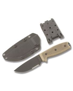 Ontario RAT-3 Partially Serrated Blade with Green Canvas Micarta Handle and Black Zinc Phosphate Coated 1095 Carbon Steel 3.938" Drop Point Partially Serrated Edge Blade with Black Nylon Sheath Model 8631