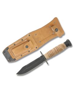 Ontario 499 US Military Issue Survival Knife with Stacked Leather Handle and Zinc Phosphate Coated 1095 Carbon Steel 5" Clip Point Plain Edge Blade with Brown Leather Sheath Model 499