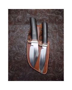 Randall Made Knives Rare Twin Set with Model 5 small camp and trail and a model 19 Bushmaster with O1 tool steel in original rare twin carry Johnson roughback sheath