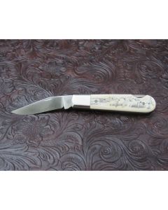 Walter Grigg custom small lock back Barlow with 2.50 inch 440-C stainless steel blade fossil walrus ivory handles with Rick Bowles scrimshaw work