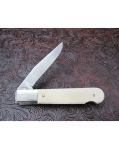 Walter Grigg custom large lock back Barlow with original Johnson sheath 4 inch 440-C stainless steel blade fossil walrus ivory handles with Rick Bowles scrimshaw work