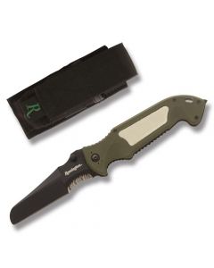 Remington Escape Linerlock with Green Composition Handles and Black Coated 440C Stainless Steel Sheepsfoot Partially Serrated Edge Blades Model 19849