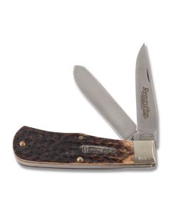 Remington 1991 Mini Trapper Silver Bullet Knife 3.625” with Brown Jigged Bone Handles and 440 Stainless Steel Plain Edge Blades